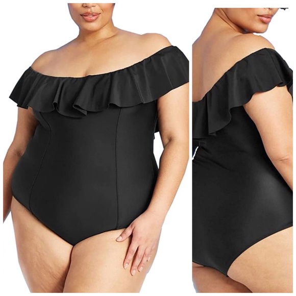 Kona Sol Other - 16W 24W Kona Sol Black Ruffle Off Shoulder One Piece Swimsuit Plus Size